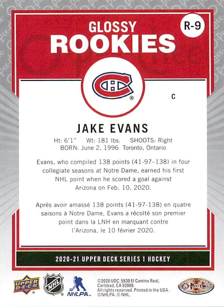 2020-21 UD Series 1 - Jake Evans - O-Pee-Chee Glossy Rookies Bronze #R-9