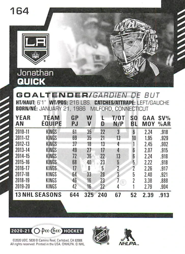 2020-21 UD O-Pee-Chee - Jonathan Quick #164