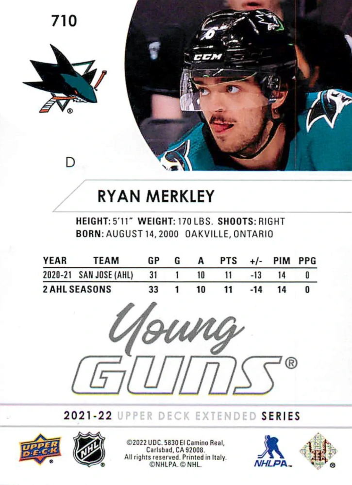 2021-22 UD Extended Series - Ryan Merkley - Young Guns #710