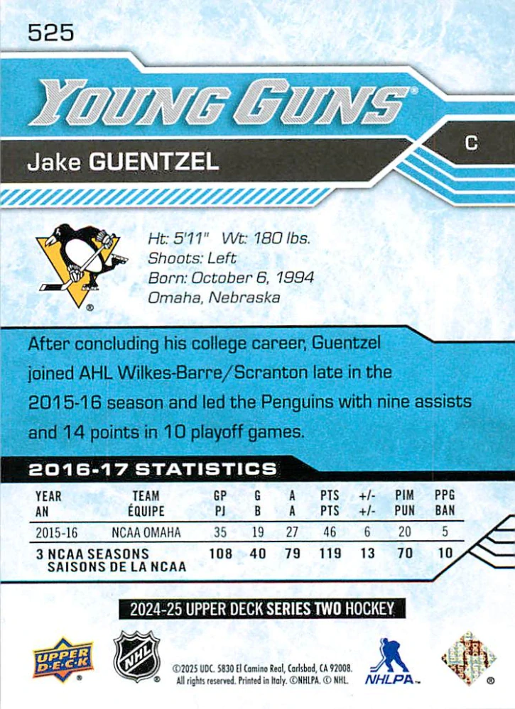2024-25 UD Series 2 - Jake Guentzel - Young Guns Renewed #525