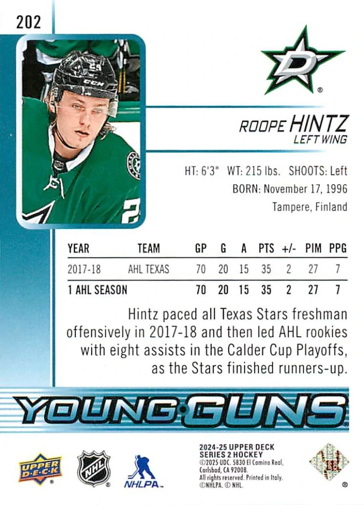 2024-25 UD Series 2 - Roope Hintz - Young Guns Renewed #202