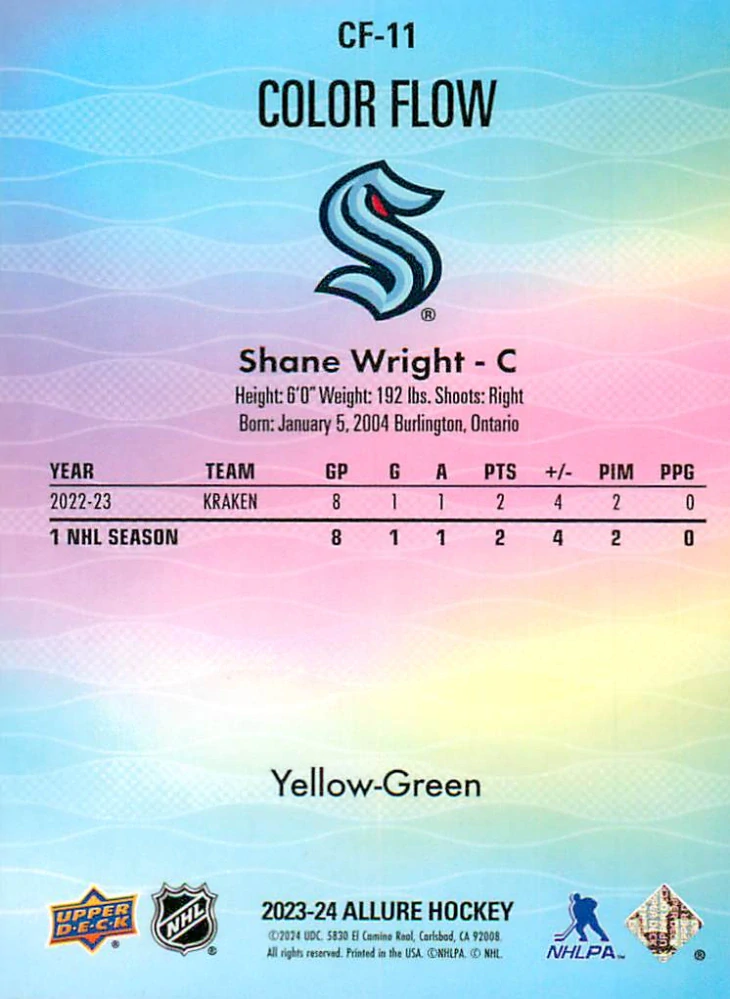 2023-24 UD Allure - Shane Wright - Color Flow Yellow-Green #CF-11