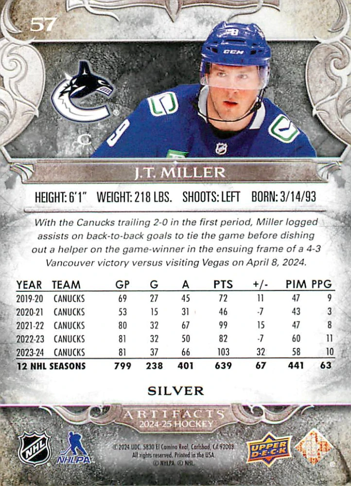 2024-25 UD Artifacts - J.T. Miller #57