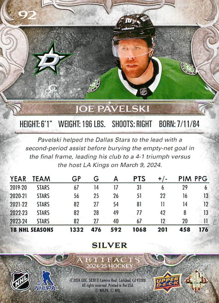 2024-25 UD Artifacts - Joe Pavelski #92
