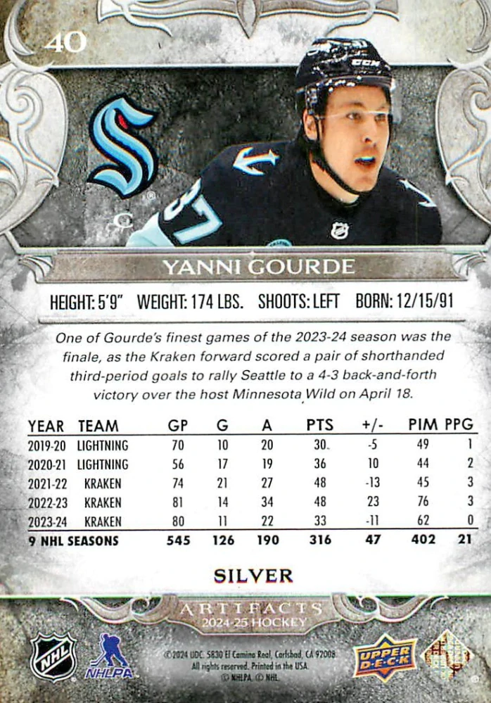 2024-25 UD Artifacts - Yanni Gourde #40