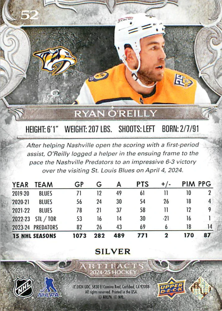 2024-25 UD Artifacts - Ryan O'Reilly #52