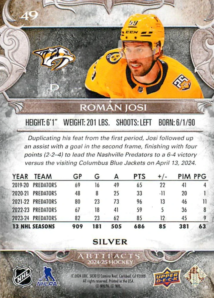 2024-25 UD Artifacts - Roman Josi #49