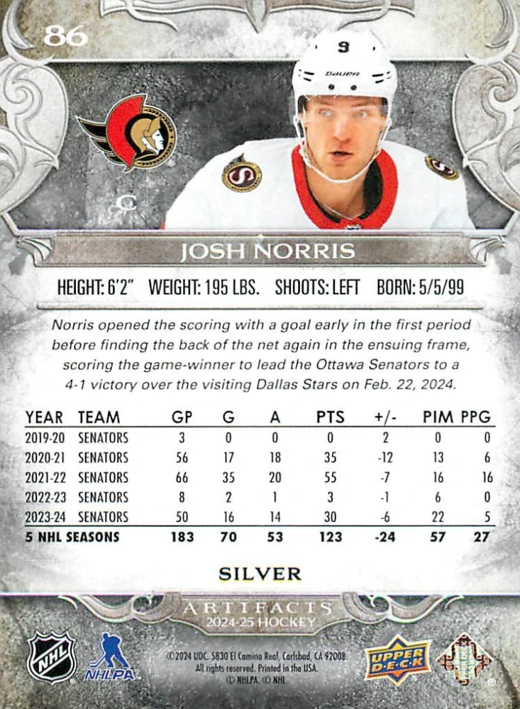 2024-25 UD Artifacts - Josh Norris #86