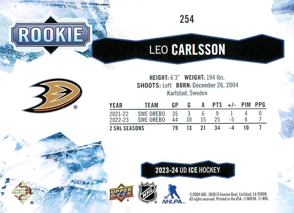 2023-24 UD Ice - Leo Carlsson - Rookie #254
