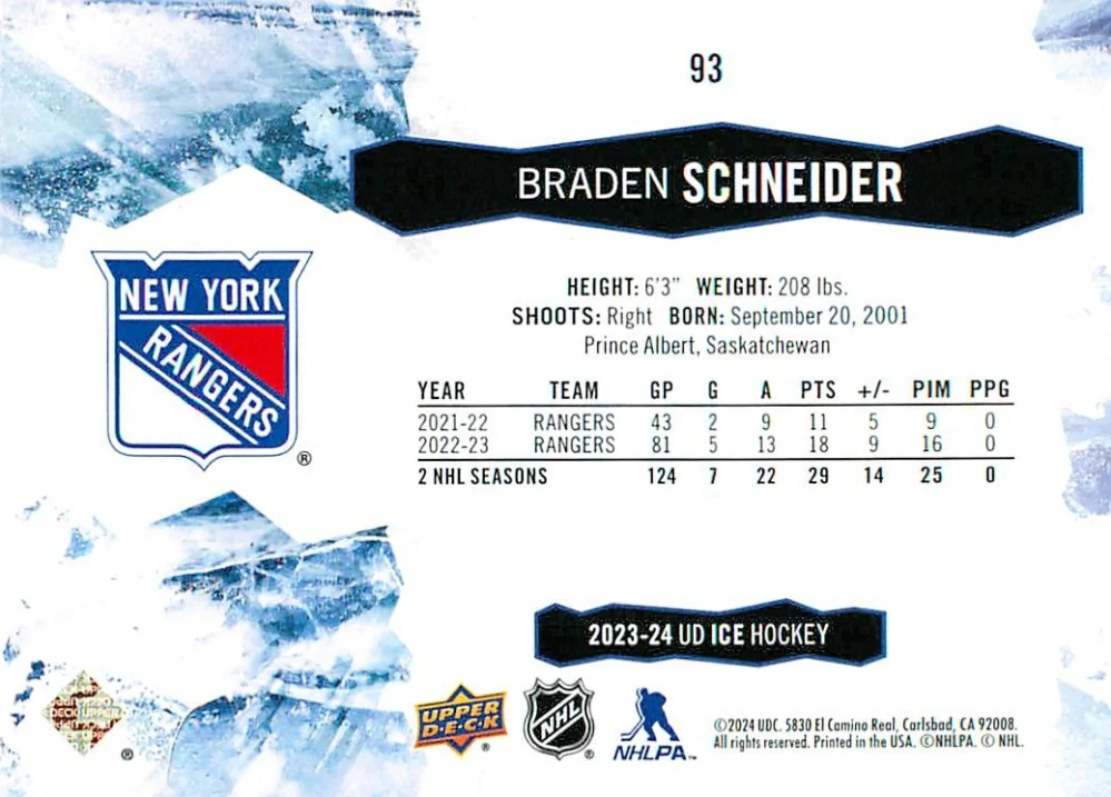 2023-24 UD Ice - Braden Schneider #93