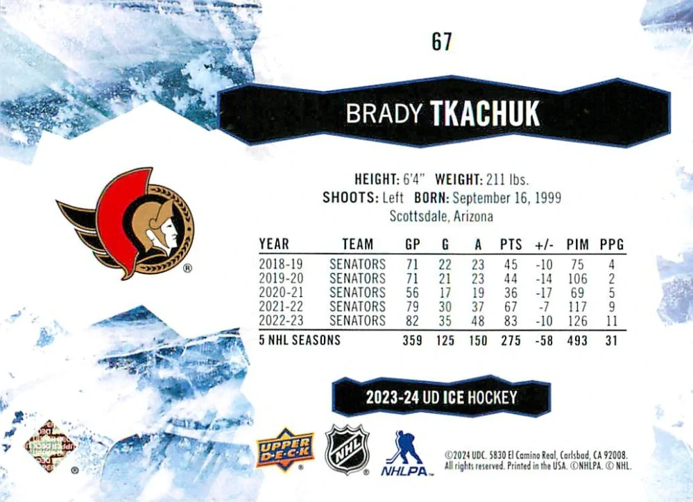 2023-24 UD Ice - Brady Tkachuk #67