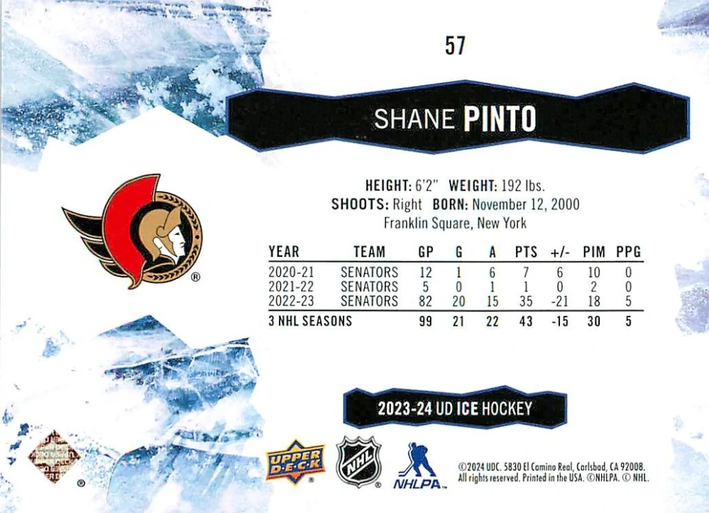 2023-24 UD Ice - Shane Pinto #57