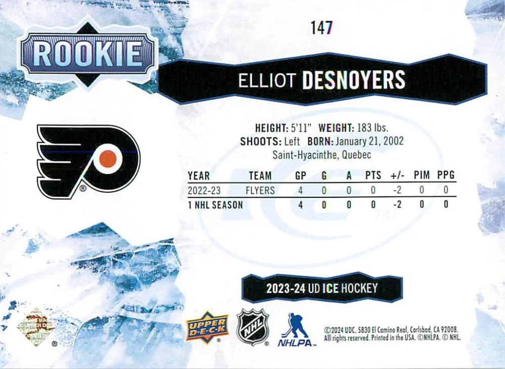 2023-24 UD Ice - Elliot Desnoyers - Rookie Green #147