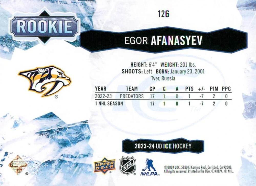 2023-24 UD Ice - Egor Afanasyev - Rookie Green #126