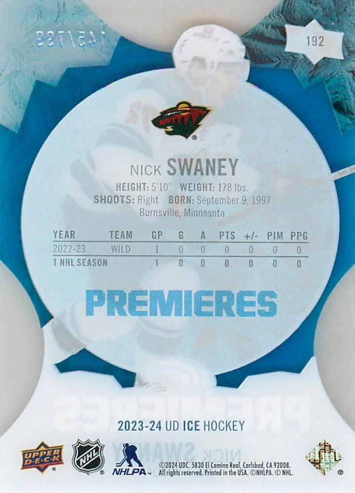 2023-24 UD Ice - Nick Swaney - Premieres /799 #192
