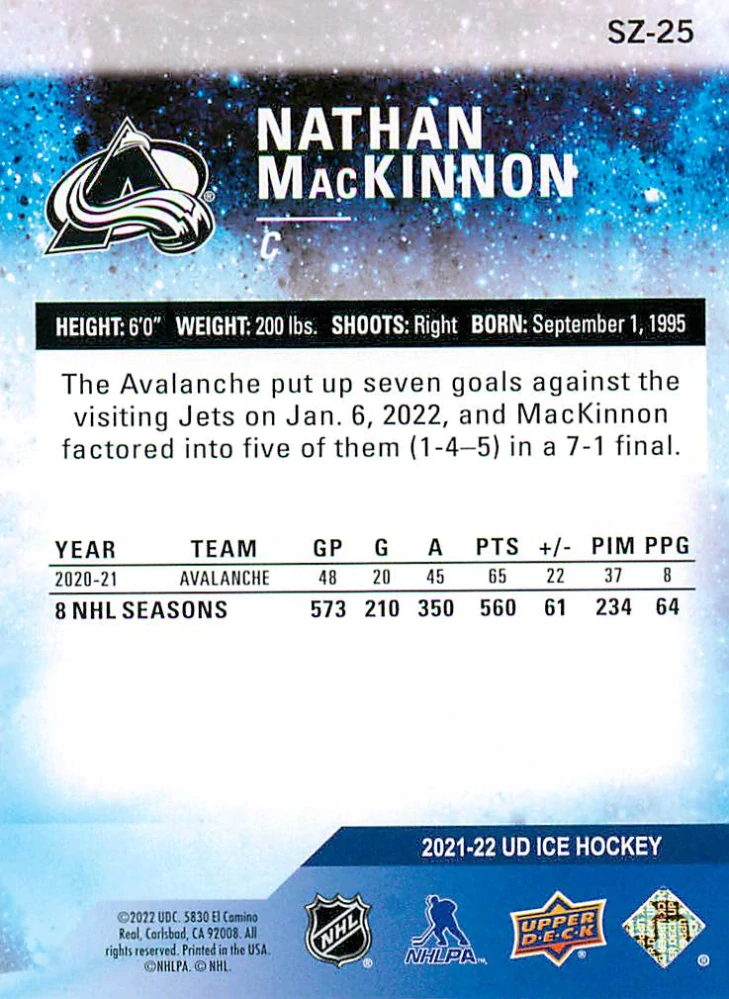 2021-22 UD Ice - Nathan MacKinnon - Sub Zero #SZ-25
