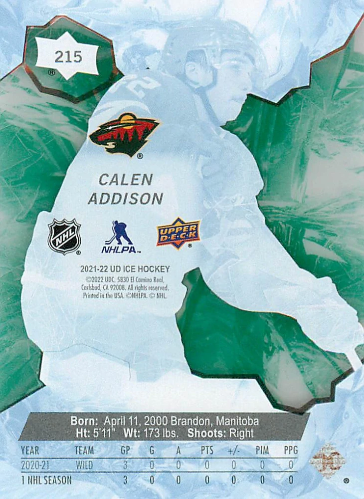 2021-22 UD Ice - Calen Addison - Ice Premieres Green /799 #215