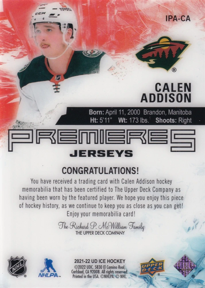 2021-22 UD Ice - Calen Addison - Ice Premieres Jerseys #IPA-CA