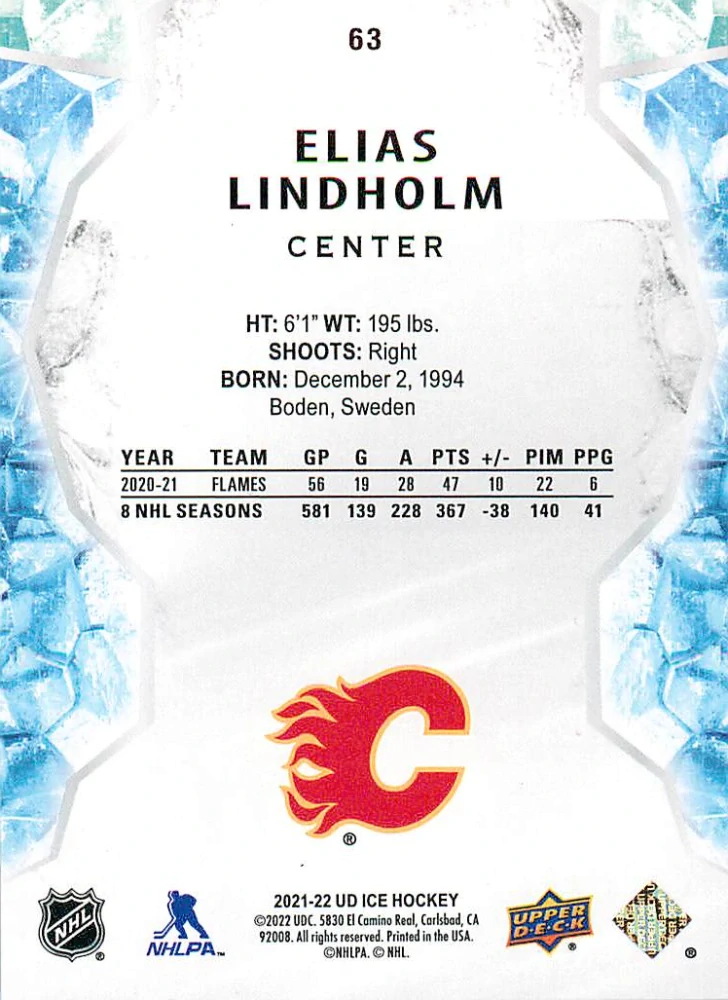 2021-22 UD Ice - Elias Lindholm - Royal Blue /99 #63