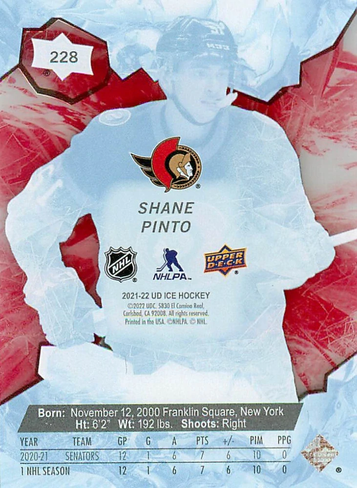 2021-22 UD Ice - Shane Pinto - Ice Premieres Red /399 #228