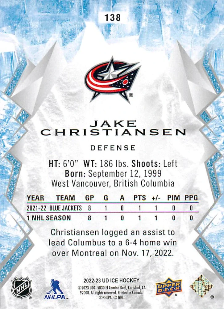 2022-23 UD Ice - Jake Christiansen - Rookie #138