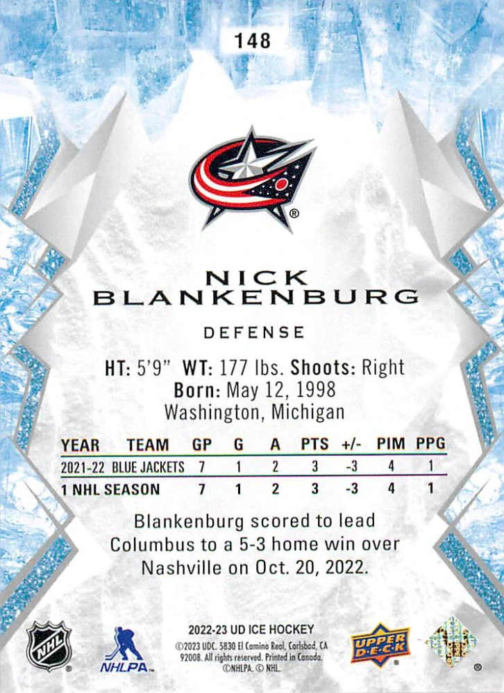 2022-23 UD Ice - Nick Blankenburg - Rookie #148