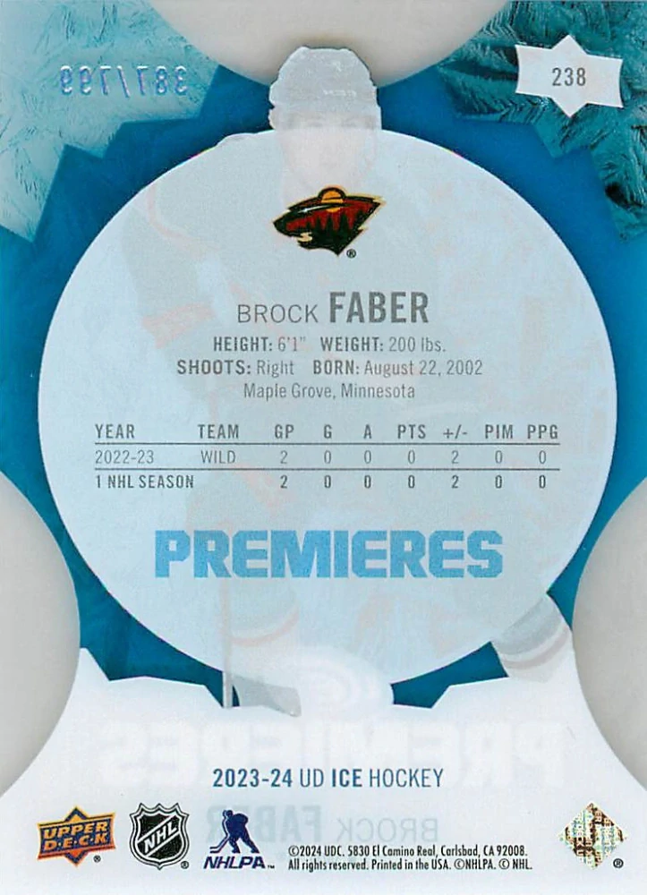 2023-24 UD Ice - Brock Faber - Premieres /799 #238