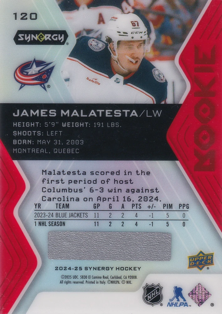 2024-25 UD Synergy - James Malatesta - Rookie #120