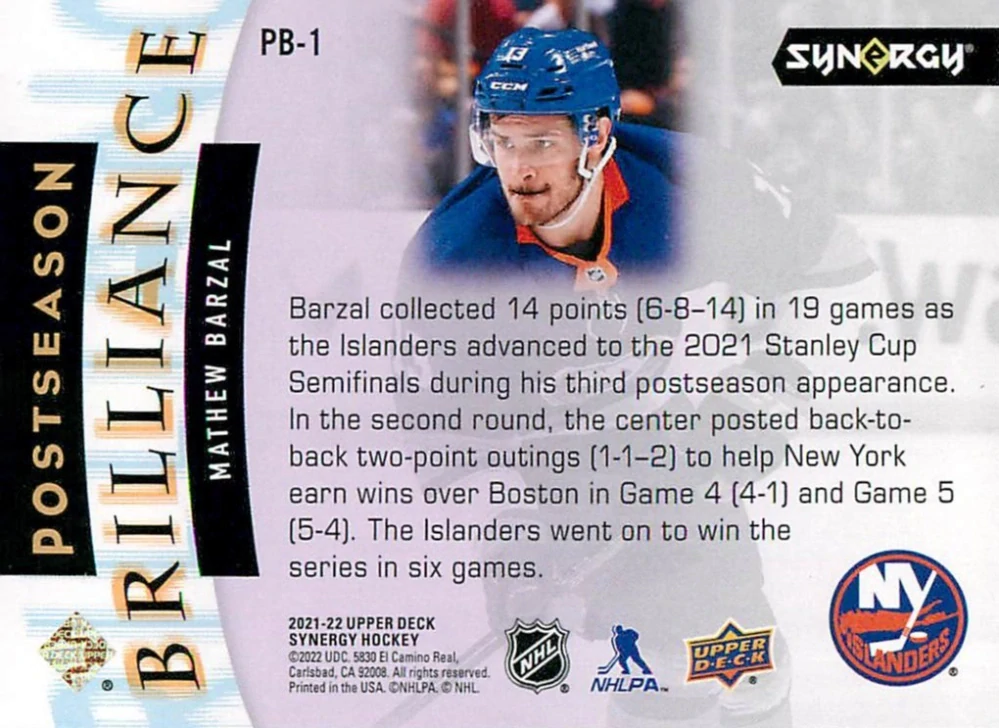 2021-22 UD Synergy - Mathew Barzal - Postseason Brilliance #PB-1