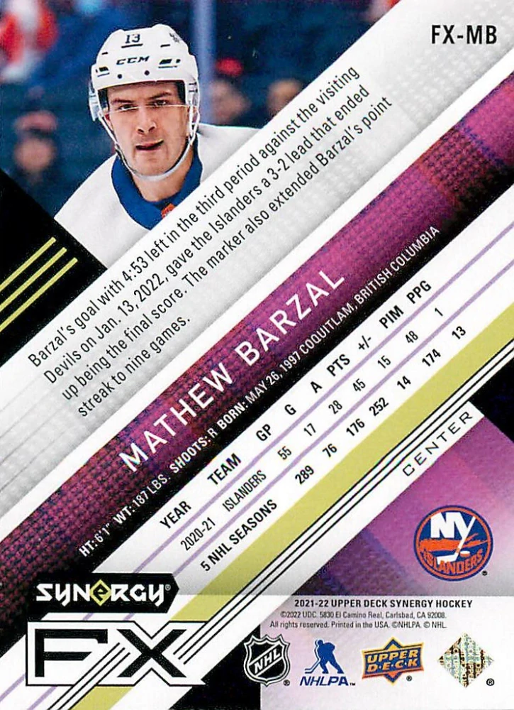 2021-22 UD Synergy - Mathew Barzal - FX Orange /449 #FX-MB