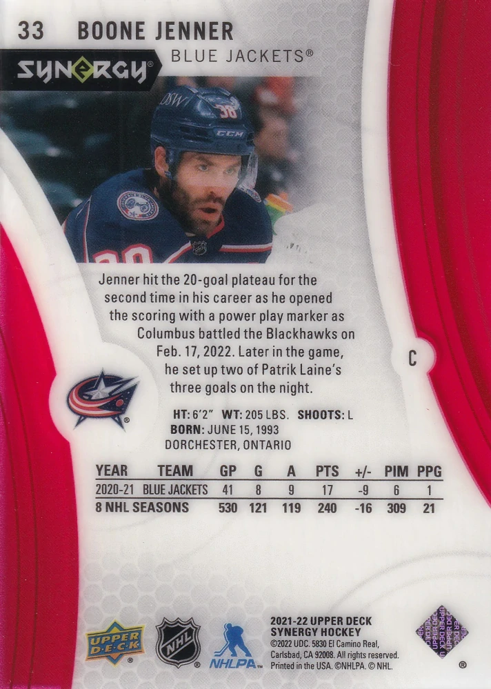 2021-22 UD Synergy - Boone Jenner #33