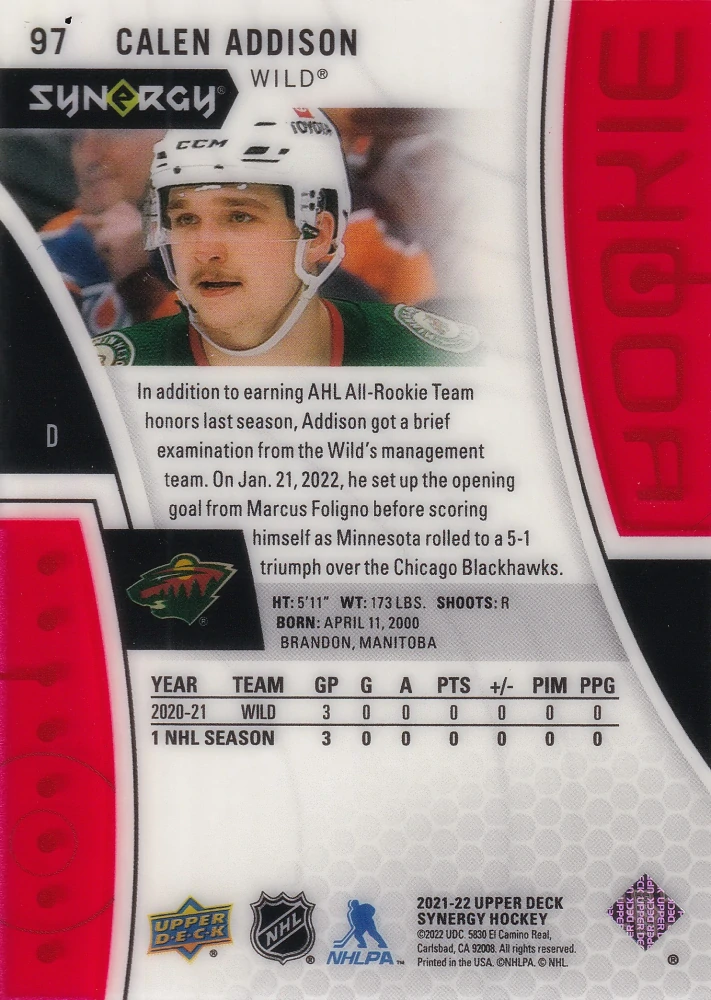 2021-22 UD Synergy - Calen Addison - Rookie #97