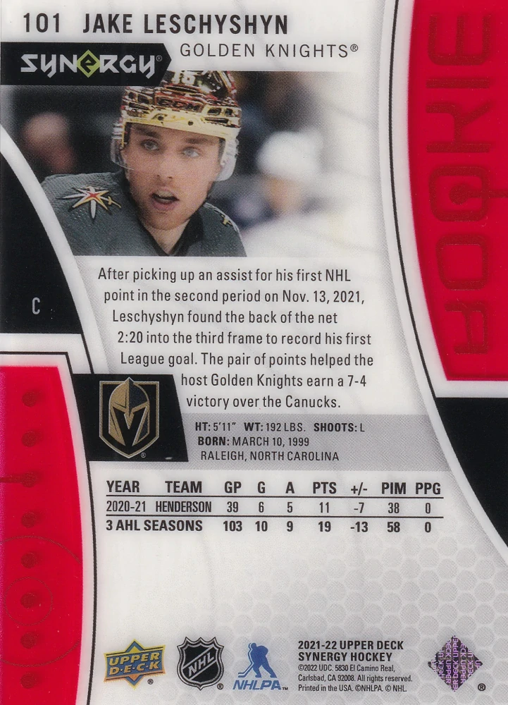 2021-22 UD Synergy - Jake Leschyshyn - Rookie #101