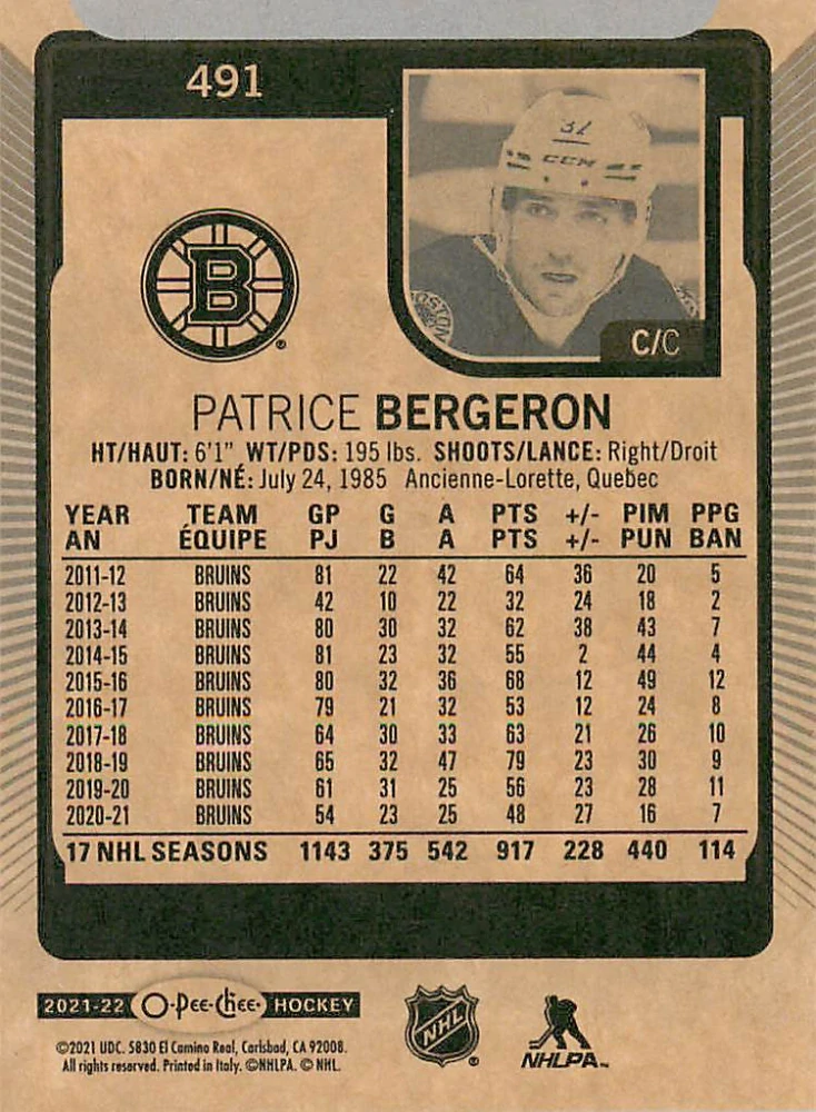 2021-22 UD O-Pee-Chee - Patrice Bergeron #491