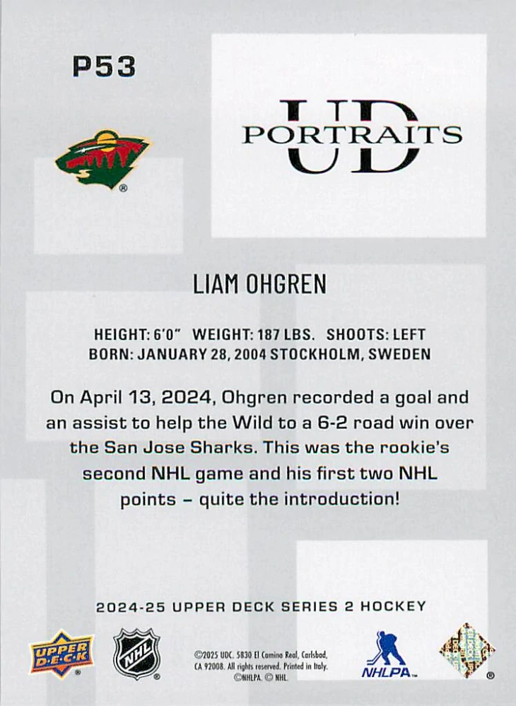 2024-25 UD Series 2 - Liam Ohgren - UD Portraits #P53
