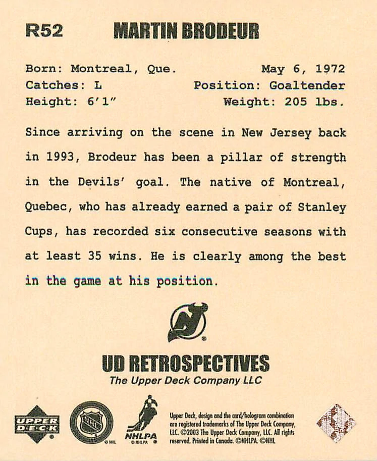 2002-03 UD Artistic Impressions - Martin Brodeur - UD Retrospectives #R52