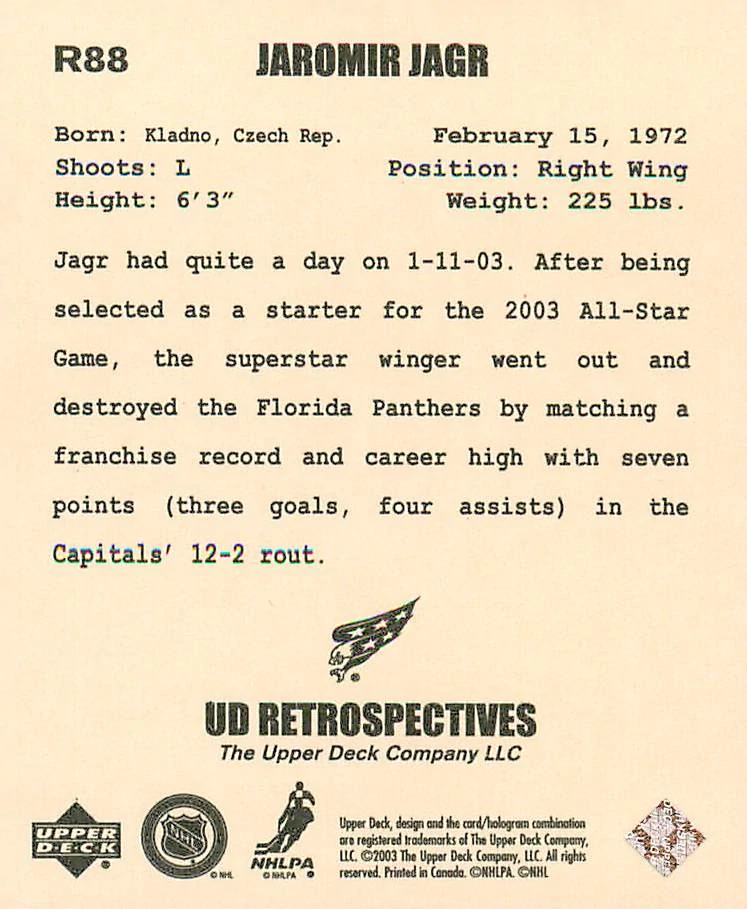 2002-03 UD Artistic Impressions - Jaromír Jágr - UD Retrospectives #R88