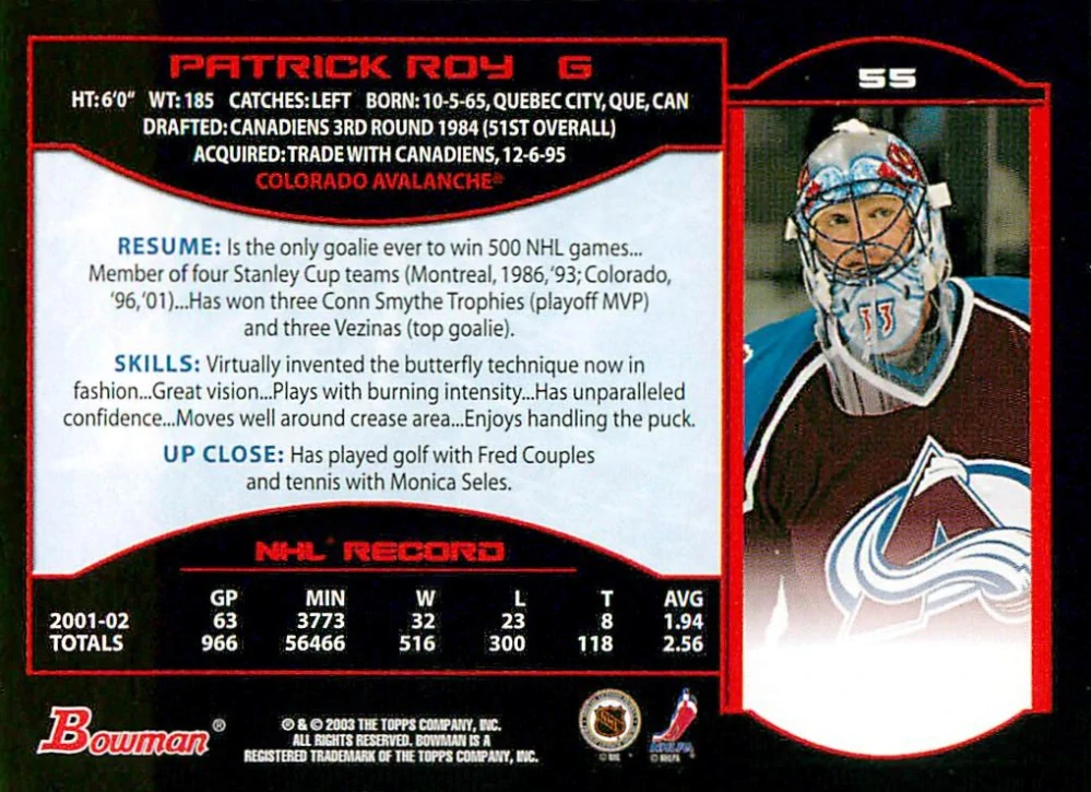 2002-03 Bowman YoungStars - Patrick Roy #55