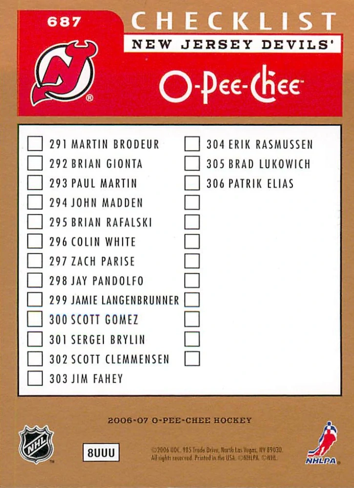 2006-07 UD O-Pee-Chee - Martin Brodeur - Team Checklist #687