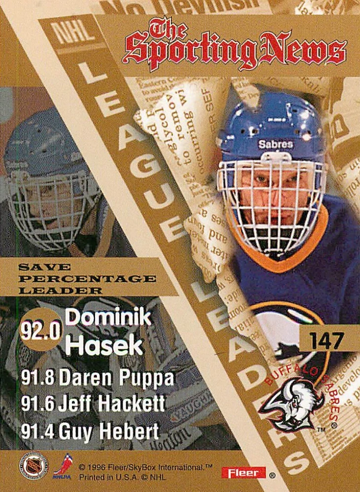 1996-97 Fleer - Dominik Hašek, Daen Puppa, Jeff Hackett, Guy Hebert - The Sporting News #147