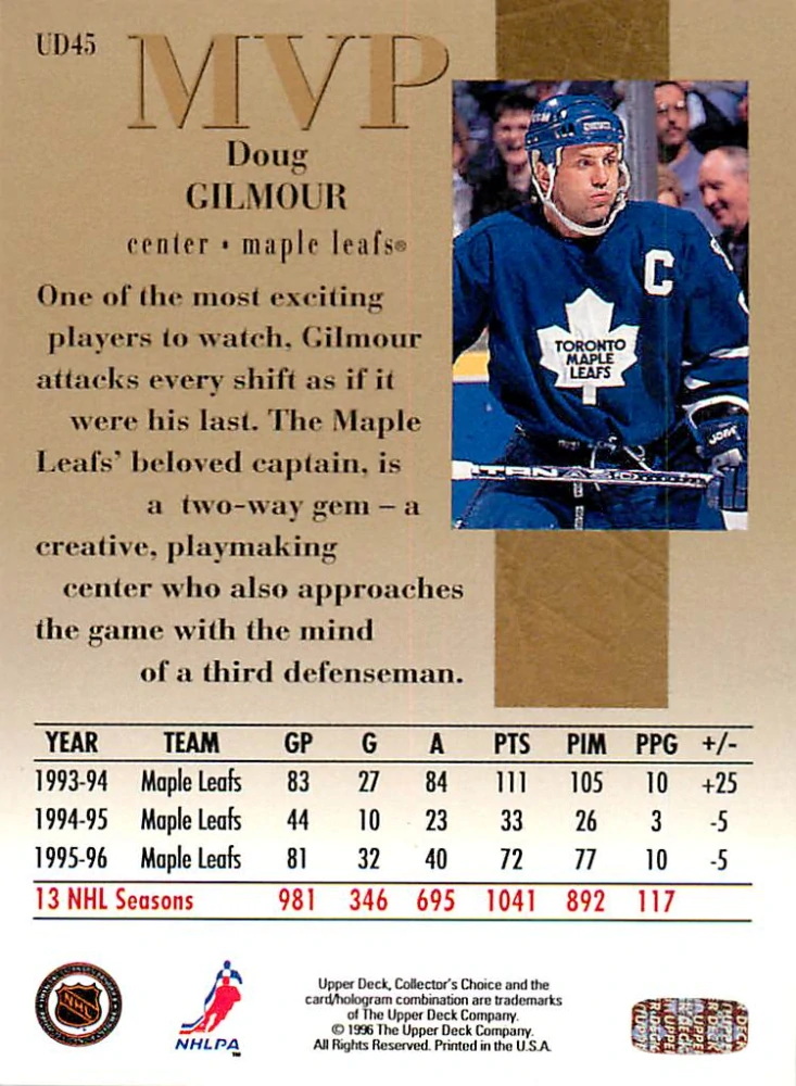 1996-97 UD Collectors Choice - Doug Gilmour - MVP Gold #UD45