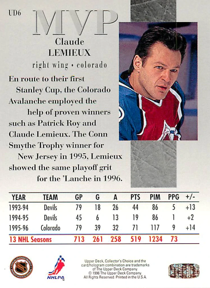 1996-97 UD Collectors Choice - Claude Lemieux - MVP #UD6
