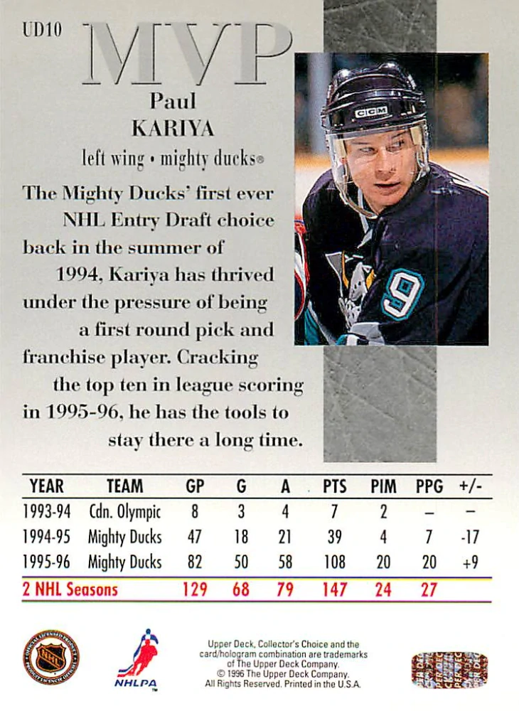 1996-97 UD Collectors Choice - Paul Kariya - MVP #UD10