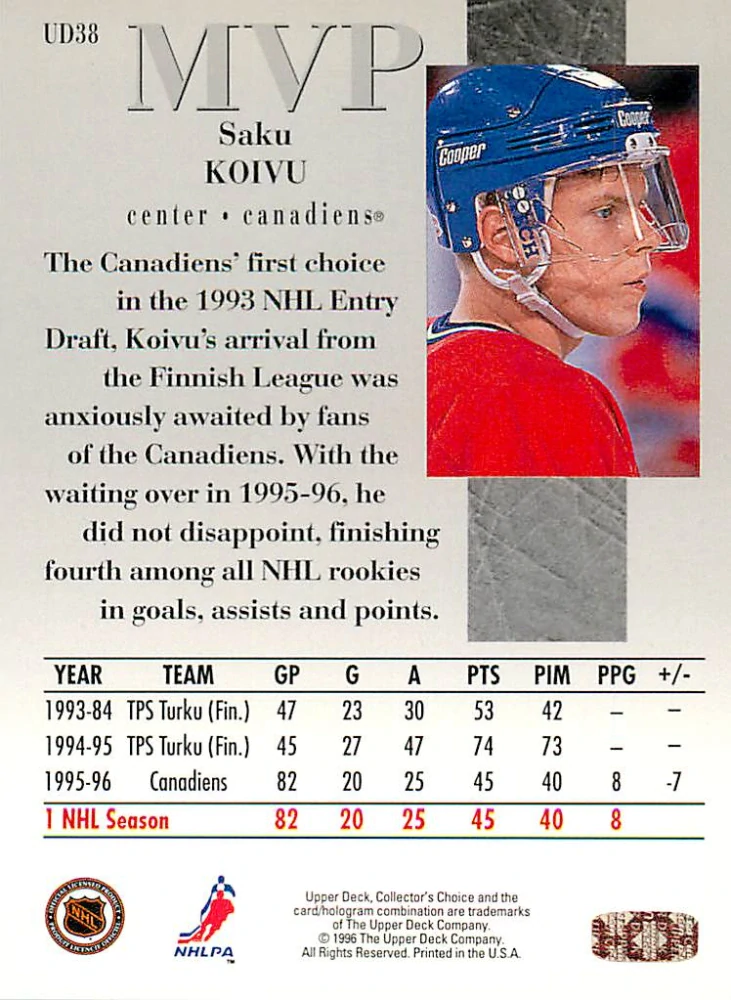 1996-97 UD Collectors Choice - Saku Koivu - MVP #UD38