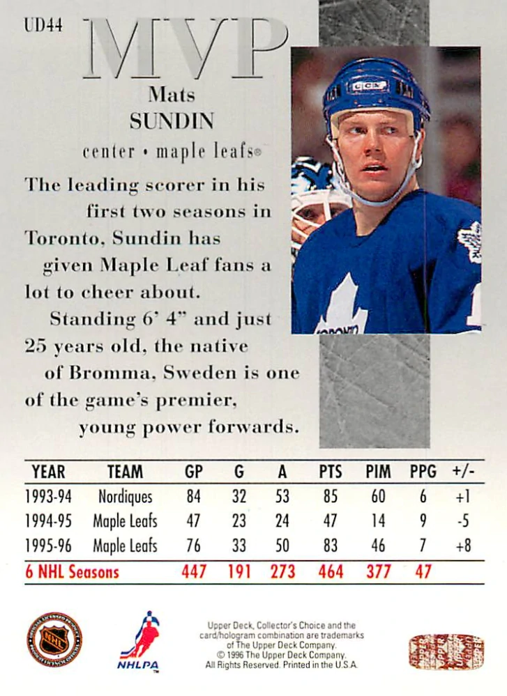 1996-97 UD Collectors Choice - Mats Sundin - MVP #UD44