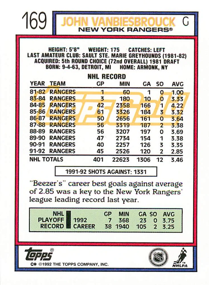 1992-93 Topps - John Vanbiesbrouck - Gold #169