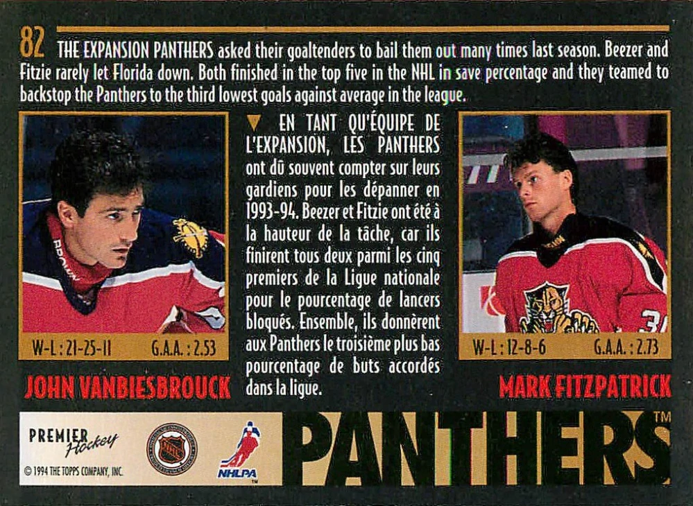 1994-95 O-Pee-Chee Premier - John Vanbiesbrouck, Mark Fitzpatrick - Goaltending Duos #82