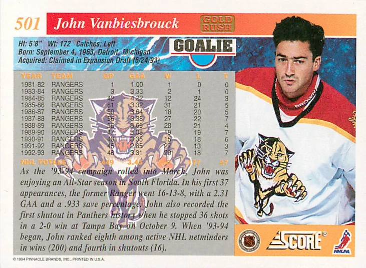 1993-94 Score - John Vanbiesbrouck - Gold Rush (American) #501
