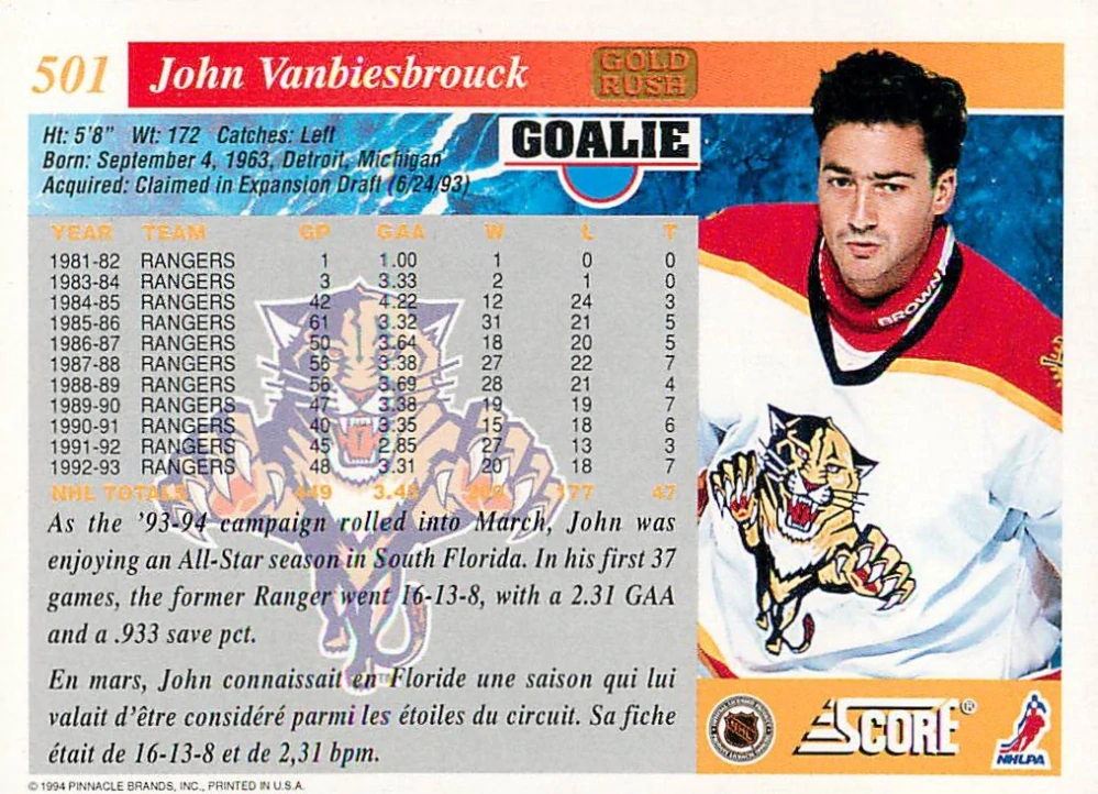 1993-94 Score - John Vanbiesbrouck - Gold Rush (Canadian) #501
