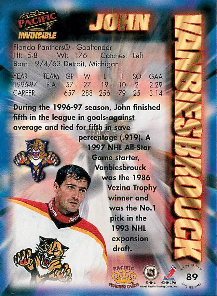 1997-98 Pacific Invincible - John Vanbiesbrouck - NHL Regime #89